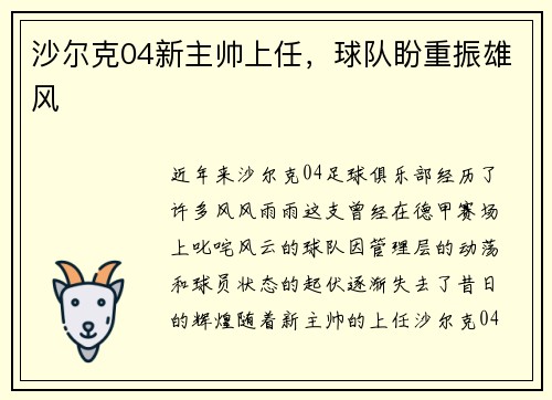 沙尔克04新主帅上任，球队盼重振雄风